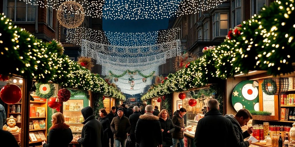 Weihnachtsmarkt in London mit festlicher Dekoration.