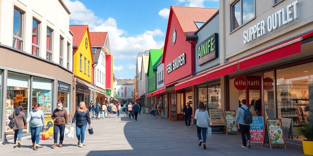 Einkäufer mit Taschen in einem lebhaften Outlet.