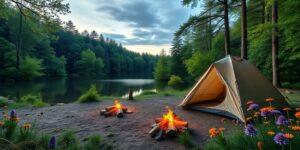 Campplatz mit Zelt und Lagerfeuer in der Natur.