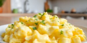 Nahaufnahme von Rührei mit frischen Kräutern.